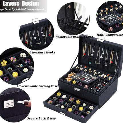 Jewelry Box for Women with Drawer, 3-Layer Large Jewelry Organizer with Lock & Key, 8 Necklace Hooks & 56 Earring Holes, Black Velvet Jewelry Storage Box for Necklaces Earrings Rings Bracelets