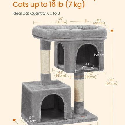 Cat Tree, 33.1-Inch Cat Tower, Plush Condo for Large Cats up to 16 Lb, Large Perch, 2 Caves, Scratching Post, Light Gray UPCT61W