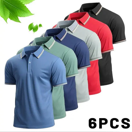 Men’S 6-Pack Short-Sleeve Polo Shirts (Menswear Top, Sports Clothes) – Understated Elegant Color Palettes, Refined Look, Contrasting Thin Trim, Premium Breathable Knit Fabric, Skin-Friendly Softness, Moisture-Wicking Performance