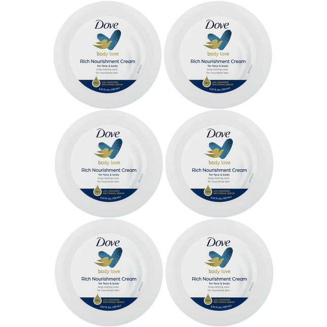 Dove Body Love Rich Nourishment Cream - 72-Hour Moisturizing Lotion for Face, Hands, and Body, Enriched with Ceramide Serum for Extremely Dry Skin, 5.07 Fl Oz (Pack of 6)