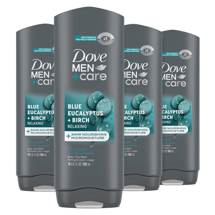 DOVE MEN + CARE Body Wash for Men, Blue Eucalyptus and Birch, 4-Pack, 18 Oz Each, Moisturizing Formula for Dry Skin, Effectively Cleanses and Nourishes Skin