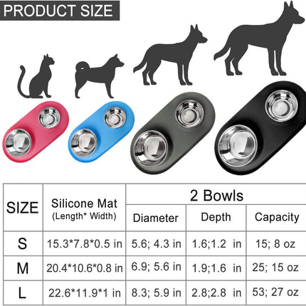 Double Dog Cat Bowls 2 Stainless Steel with No Spill Non-Skid Silicone Mat, Pet Food Water Feeder Bowl for Small Medium Large Dogs, Puppies, and Pets