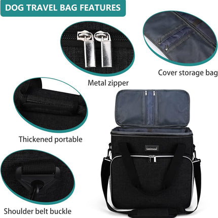 Dog Travel Bag, Pet Travel Bag (ALL Pet Travel Supplies), with 2 Pet Food Containers and 2 Collapsible Silicone Bowls; Essential Kits for Travel Black