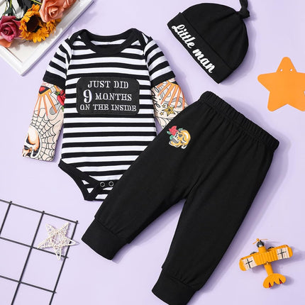 Baby Boy Clothes Tattoo Sleeve Funny Romper Bodysuit+Pants 3PCS Infant Outfits Set