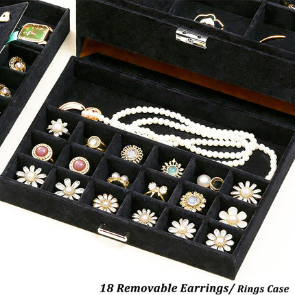 Jewelry Box for Women with Drawer, 3-Layer Large Jewelry Organizer with Lock & Key, 8 Necklace Hooks & 56 Earring Holes, Black Velvet Jewelry Storage Box for Necklaces Earrings Rings Bracelets
