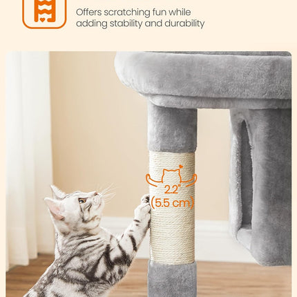Cat Tree, 33.1-Inch Cat Tower, Plush Condo for Large Cats up to 16 Lb, Large Perch, 2 Caves, Scratching Post, Light Gray UPCT61W