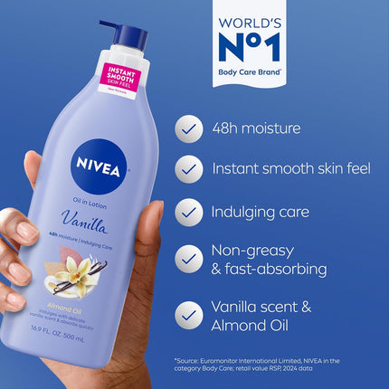 Oil Infused Vanilla and Almond Body Lotion for Women, Fast-Absorbing and Non-Greasy, 48-Hour Moisturization, 16.9 Fl Oz Pump Bottle, Pack of 6