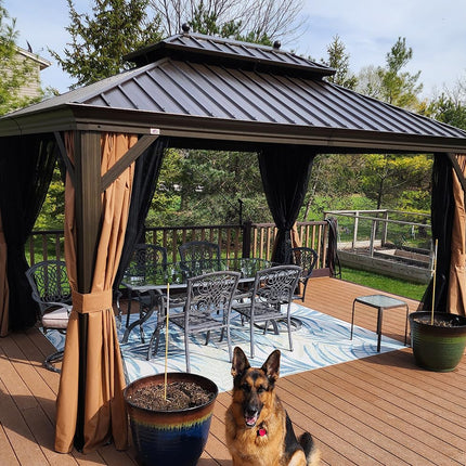 Hardtop Gazebo 10' X 12' Metal Roof with Netting and Curtains Hard Top Backyard Patio Gazebos Permanent Canopy Deck Garden Hot Tub Outdoor Pavilion