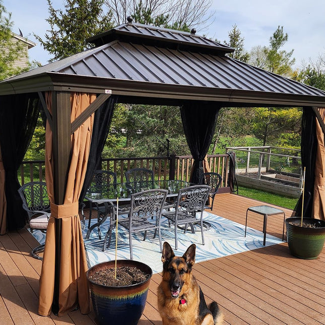 Hardtop Gazebo 10' X 12' Metal Roof with Netting and Curtains Hard Top Backyard Patio Gazebos Permanent Canopy Deck Garden Hot Tub Outdoor Pavilion