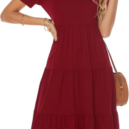 Women'S Casual Summer Tiered Midi Dress 2025 Short Sleeve V-Neck Loose Cotton Ruffle Babydoll Dress Boho Sundress