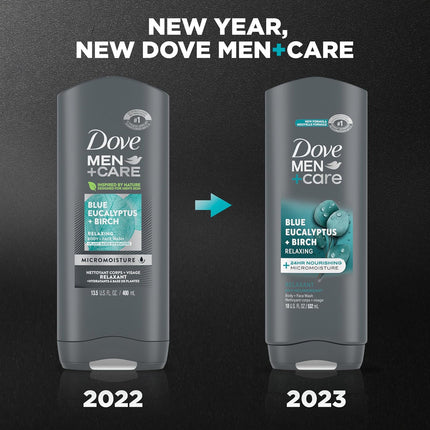 DOVE MEN + CARE Body Wash for Men, Blue Eucalyptus and Birch, 4-Pack, 18 Oz Each, Moisturizing Formula for Dry Skin, Effectively Cleanses and Nourishes Skin