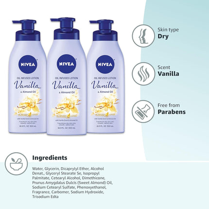 Oil Infused Vanilla and Almond Body Lotion for Women, Fast-Absorbing and Non-Greasy, 48-Hour Moisturization, 16.9 Fl Oz Pump Bottle, Pack of 6