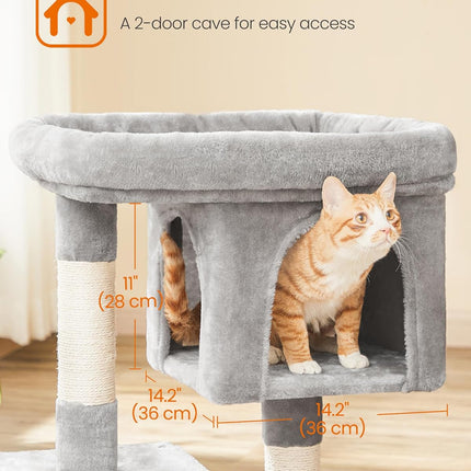 Cat Tree, 33.1-Inch Cat Tower, Plush Condo for Large Cats up to 16 Lb, Large Perch, 2 Caves, Scratching Post, Light Gray UPCT61W