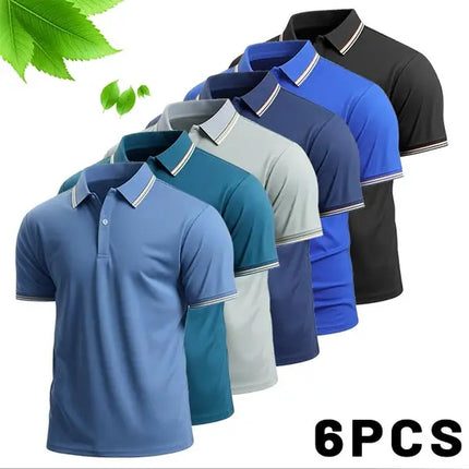 Men’S 6-Pack Short-Sleeve Polo Shirts (Menswear Top, Sports Clothes) – Understated Elegant Color Palettes, Refined Look, Contrasting Thin Trim, Premium Breathable Knit Fabric, Skin-Friendly Softness, Moisture-Wicking Performance