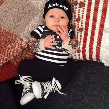 Baby Boy Clothes Tattoo Sleeve Funny Romper Bodysuit+Pants 3PCS Infant Outfits Set