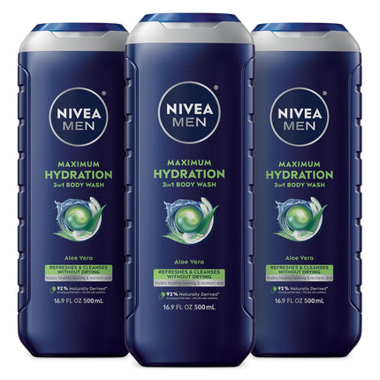 Nivea Men Maximum Hydration Body Wash Aloe Vera 16.9 Fl Oz Pack of 3