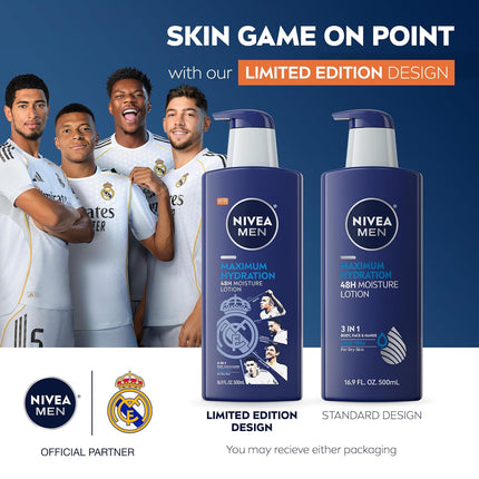 MEN Real Madrid Limited Edition Maximum Hydration Body Lotion for Dry Skin with Aloe Vera, 3-in-1 Formula for Body, Face, and Hands, 16.9 Fl Oz Bottle, Pack of 2