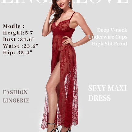 Women Sexy Lingerie Lace High Slit Maxi Long Gown Sheer Dress with Underwire S-4XL