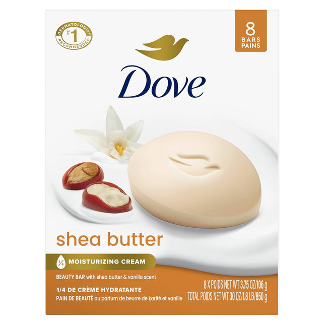 Dove Shea Butter Beauty Bar Soap, 8 Count - Nourishing Cleanser with ¼ Moisturizing Cream and Shea Butter for Soft, Radiant Skin, 3.75 Oz Each