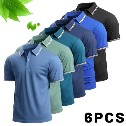 Men’S 6-Pack Short-Sleeve Polo Shirts (Menswear Top, Sports Clothes) – Understated Elegant Color Palettes, Refined Look, Contrasting Thin Trim, Premium Breathable Knit Fabric, Skin-Friendly Softness, Moisture-Wicking Performance