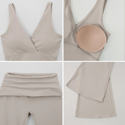 TIMEOFF Women'S 2-Piece Yoga Matching Set - V-Neck Sleeveless Wrap Crop Tank & Fold-Over Dual-Wear Waist Flare Pants, Soft 4-Way Flexible Stretch Fabric, Adjustable Fit for Pilates, Gym, Daily Casual