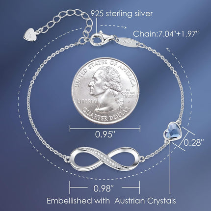 Mothers Day Gift Infinity Heart Birthstone Charm Link Bracelet for Women 925 Sterling Silver Adjustable Mother'S Day Valentine'S Day Christmas Day Gift Anniversary Birthday Jewelry for Wife Girlfriend Her
