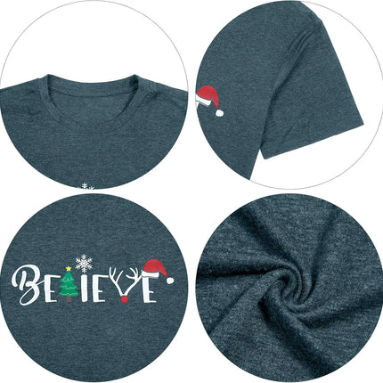 Christmas Shirt for Women Believe Letter Print T Shirts Asual Retro Holiday Short Sleeve Pullover Tops Xmas Gift