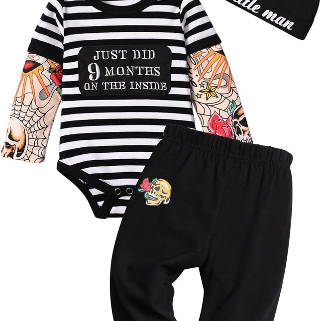 Baby Boy Clothes Tattoo Sleeve Funny Romper Bodysuit+Pants 3PCS Infant Outfits Set