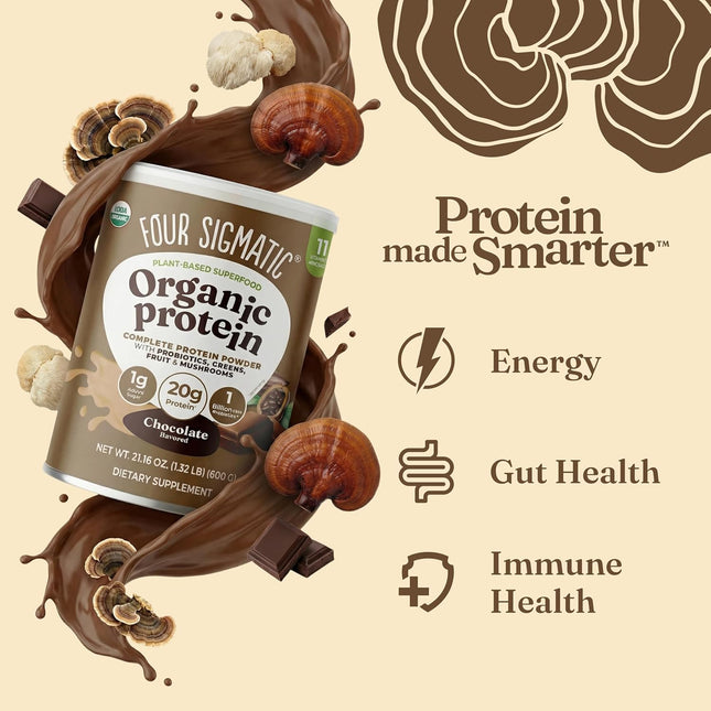 Organic Plant-Based Protein Powder | Clean Vegan Protein Elevated with Lion’S Mane, Chaga, Cordyceps and More for Brain Function and Immune Support | Creamy Cacao, 21.16 Oz