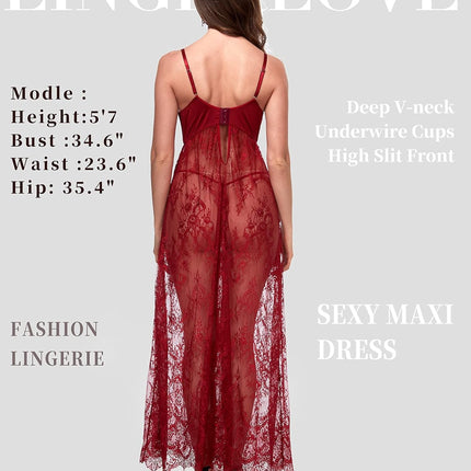 Women Sexy Lingerie Lace High Slit Maxi Long Gown Sheer Dress with Underwire S-4XL