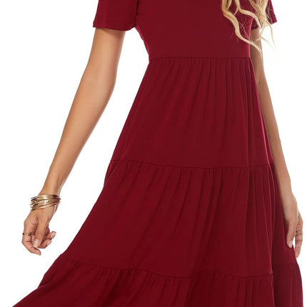 Women'S Casual Summer Tiered Midi Dress 2025 Short Sleeve V-Neck Loose Cotton Ruffle Babydoll Dress Boho Sundress