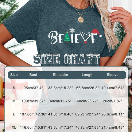 Christmas Shirt for Women Believe Letter Print T Shirts Asual Retro Holiday Short Sleeve Pullover Tops Xmas Gift