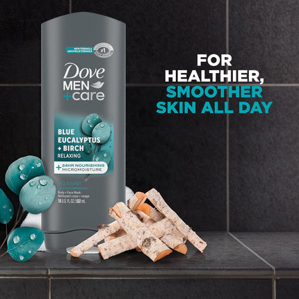 DOVE MEN + CARE Body Wash for Men, Blue Eucalyptus and Birch, 4-Pack, 18 Oz Each, Moisturizing Formula for Dry Skin, Effectively Cleanses and Nourishes Skin