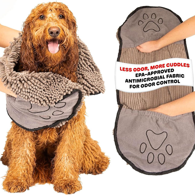 the Dirty Dog Shammy - Antimicrobial Microfiber Dog Towel for Odor Control, Fast-Drying Plush, Dual Hand Pockets & Elastic, Super Absorbent, Machine Washable, 31 X 13 In, Grey