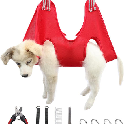 10 in 1 Cat & Dog Grooming Hammock Harness with Nail Clippers & File, Comb, & Hanging Pet Grooming Hammock| Cat & Dog Sling Restraint Bag Holder for Nail Trimming/Clipping & Bathing- Small