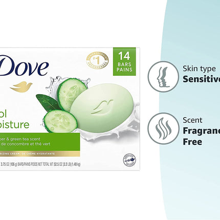 Dove Cucumber and Green Tea Skin Care Beauty Bar, 3.75 Oz - Pack of 14, Enhanced Moisturization for Softer Skin