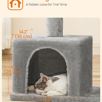 Cat Tree, 33.1-Inch Cat Tower, Plush Condo for Large Cats up to 16 Lb, Large Perch, 2 Caves, Scratching Post, Light Gray UPCT61W