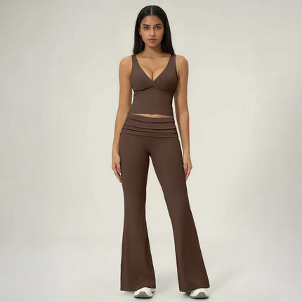TIMEOFF Women'S 2-Piece Yoga Matching Set - V-Neck Sleeveless Wrap Crop Tank & Fold-Over Dual-Wear Waist Flare Pants, Soft 4-Way Flexible Stretch Fabric, Adjustable Fit for Pilates, Gym, Daily Casual