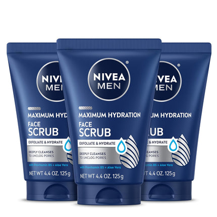 Maximum Hydration Exfoliating Face Scrub with Provitamin B5 and Aloe Vera, Deep Cleansing Formula for Unclogging Pores, 4.4 oz Tube, Set of 3