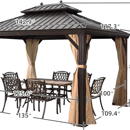 Hardtop Gazebo 10' X 12' Metal Roof with Netting and Curtains Hard Top Backyard Patio Gazebos Permanent Canopy Deck Garden Hot Tub Outdoor Pavilion