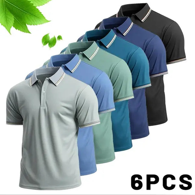 Men’S 6-Pack Short-Sleeve Polo Shirts (Menswear Top, Sports Clothes) – Understated Elegant Color Palettes, Refined Look, Contrasting Thin Trim, Premium Breathable Knit Fabric, Skin-Friendly Softness, Moisture-Wicking Performance
