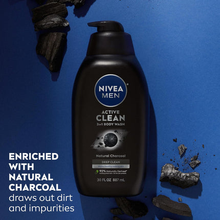 Active Clean 3-in-1 Body Wash with Natural Charcoal for Normal to Oily Skin, 30 Fl Oz