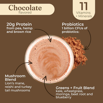 Organic Plant-Based Protein Powder | Clean Vegan Protein Elevated with Lion’S Mane, Chaga, Cordyceps and More for Brain Function and Immune Support | Creamy Cacao, 21.16 Oz