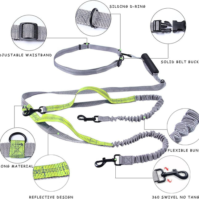 Running Dog Leash for 2 Dog, Double Dog Leash, 360 Swivel No Tangle Bungees Double Leash for Dog, Shock Absorbing Reflective Hands Free Dog Leash, Two Dog Leash for Walking Training, Yellow