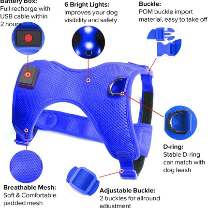LED Dog Harness,Lighted up USB Rechargeable Pet Harness,Illuminated Reflective Glowing Dog Vest Adjustable Soft Padded No-Pull Suit for Small,Medium,Large Dogs (Blue, M)