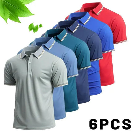 Men’S 6-Pack Short-Sleeve Polo Shirts (Menswear Top, Sports Clothes) – Understated Elegant Color Palettes, Refined Look, Contrasting Thin Trim, Premium Breathable Knit Fabric, Skin-Friendly Softness, Moisture-Wicking Performance