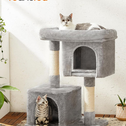 Cat Tree, 33.1-Inch Cat Tower, Plush Condo for Large Cats up to 16 Lb, Large Perch, 2 Caves, Scratching Post, Light Gray UPCT61W