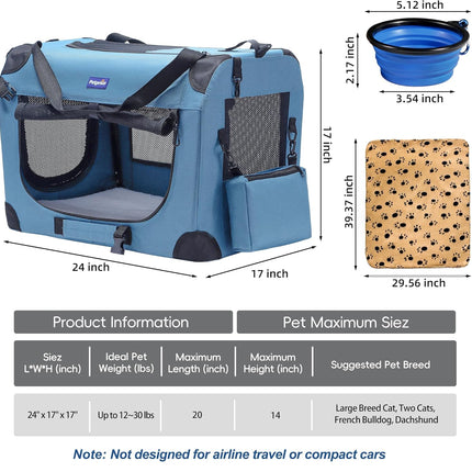 Portable Collapsible Dog Crate, Travel Dog Crate 24X17X17 with Soft Warm Blanket and Foldable Bowl for Large Cats & Small Dogs Indoor and Outdoor