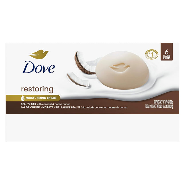Dove Beauty Bar Soap with Restoring Coconut and Cocoa Butter, 6 Count, 3.75 Oz - Nourishing Formula for Revitalized Skin