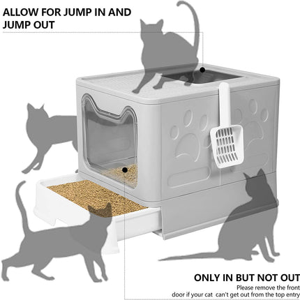 Large Top Entry Cat Litter Box with Lid, Foldable Cat Litter Box with Scoop, Extra Large Cat Litter Box Covered, Anti-Splashing Enclosed Cat Toilet Box(Gray)